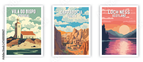 Vila do Bispo, Cappadocia, Loch Ness Illustration Art. Travel Poster Wall Art. Minimalist Vector art