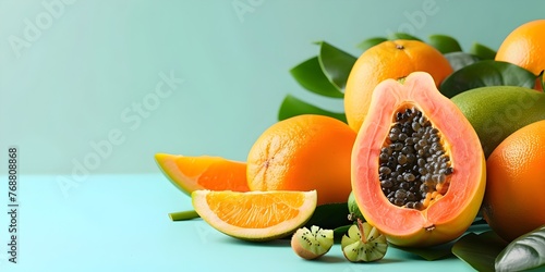 Frustrated Papaya Amongst Tropical Fruits on Mint Green Background with Copy Space