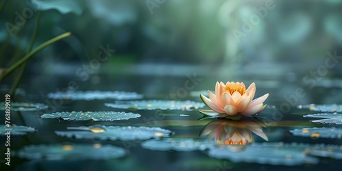 Serene Lotus Blossom Floating on Calm Pond Mirroring Tranquil Nature © Thares2020