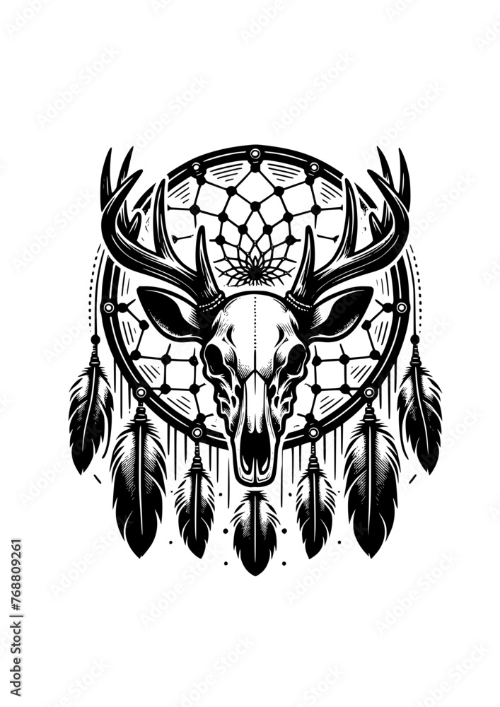 Obraz premium Deer Dream Catcher, Sky Gods Ritual, Celestial Illustration, Cricut Layered Design, Deer Skull Silhouette, Dream Catcher Silhouette, Ritual decor, SVG + PNG + JPG cut files