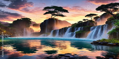 Waterfall reflecting the colors of the sunset in its shimmering waters
