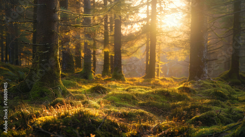 An enchanting forest bathed in golden sunlight with mossy trees and glimmering forest floor at dusk