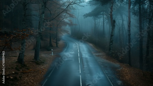 empty road  street  scary forest in the fog around