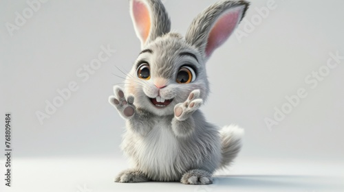 An animated gray and white rabbit with large ears and expressive orange eyes