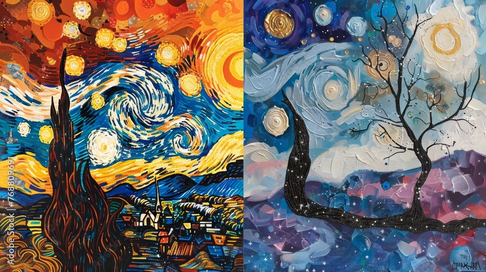 Half the background featuring a swirling, Van Gogh-inspired starry night, and the other half a bold, Kandinsky-esque abstract pattern, blending art movements. Half the background featuring a swirling, Van Gogh-inspired starry night, and the other half a bold, Kandinsky-esque abstract pattern, blending art movements.