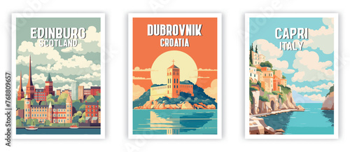 Edinburg, Dubrovnik, Capri Illustration Art. Travel Poster Wall Art. Minimalist Vector art