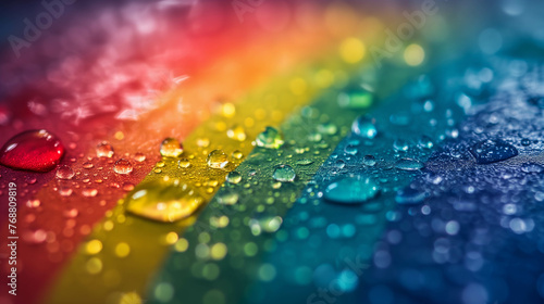 Close-up rainbow background with clear water droplets on it.