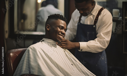 A man at a hairdresser or barber male hair cutting salon photo