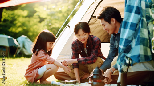 キャンプと家族、キャンプ場で遊ぶ日本人ファミリー