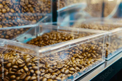 coffee beans in a transparent storage drawer