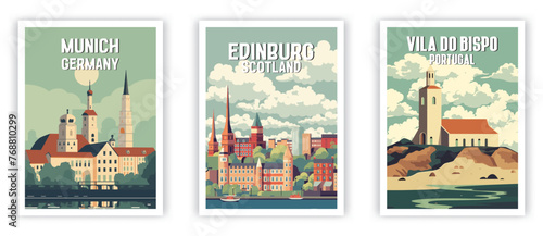 Munich, Edinburg, Vila do Bispo Illustration Art. Travel Poster Wall Art. Minimalist Vector art