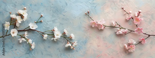 Infuse a touch of nature into the split background with delicate cherry blossom branches in soft pastel shades of pink, white, and pale green. © Exnoi
