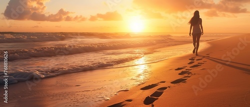 Sunrise Stroll: A barefoot girl with flowing brunette hair walks along a beach at sunrise, leaving footprints in the sand. Ample copy space.