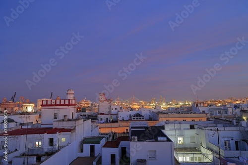 Aerial view of houses in Cadiz, Spain at sunset