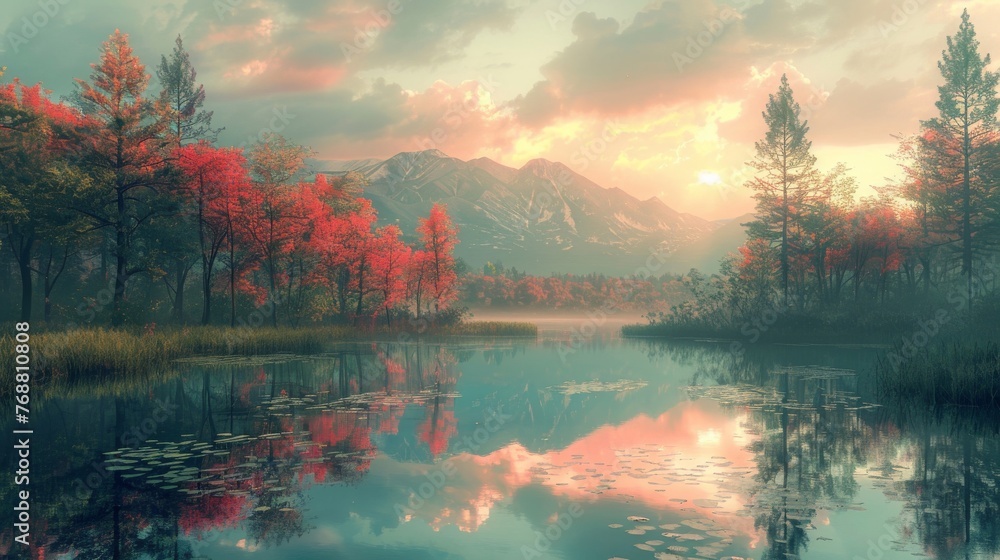 Introduce a serene pond mirroring the pastel sky and trees.