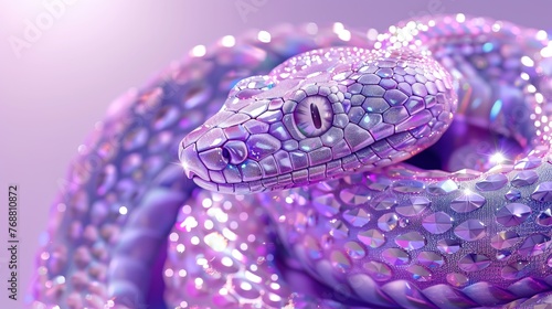 A digitally-created, glittering, purple snake with intricate scales