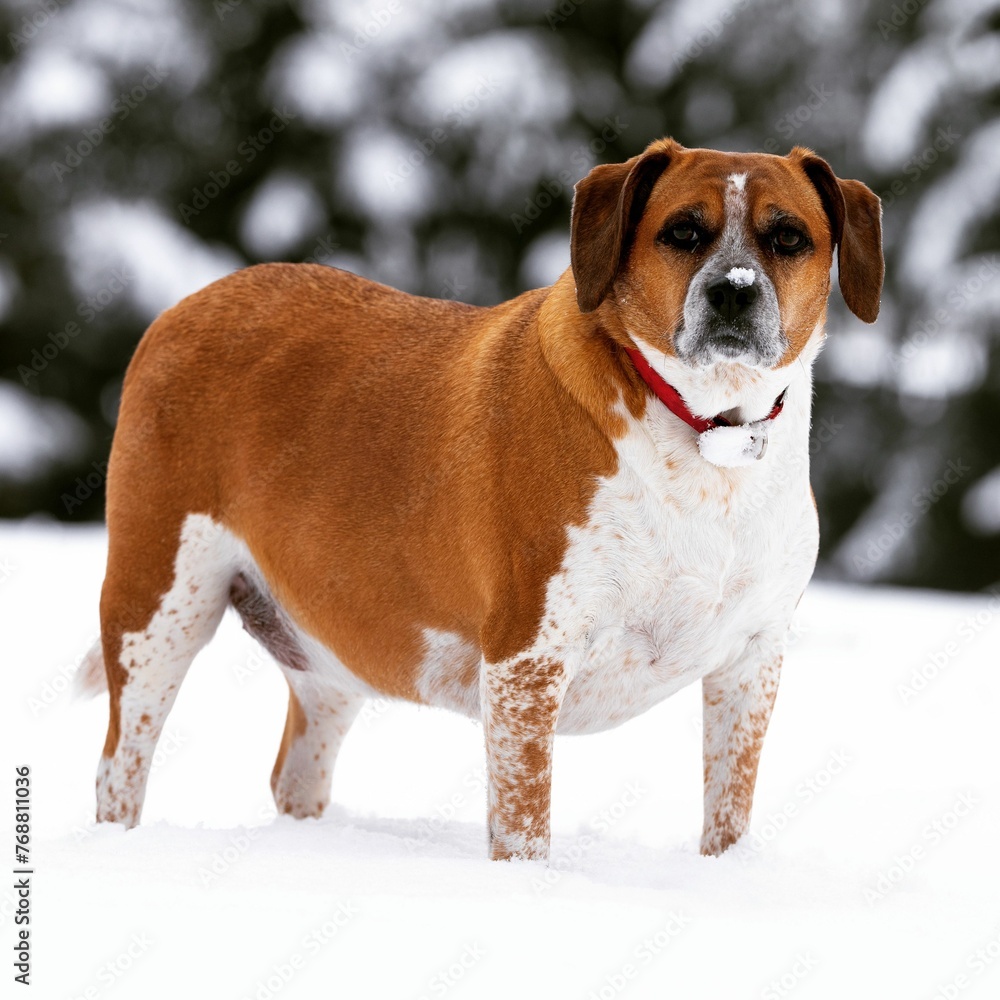 Close-up of a beagle standing in snow in winter