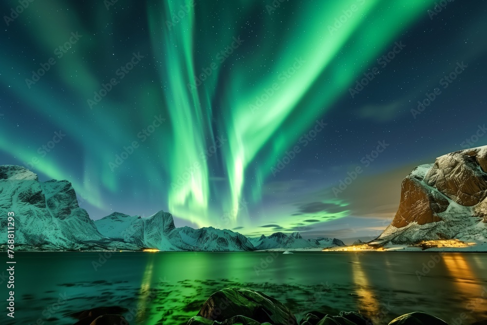 Beautiful northern lights over the lake, aurora Borealis light up the sky with green colors above snowy mountains at night