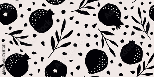 Vector seamless pattern with pomegranate fruits and seeds. Modern floral print. Seamless pattern. Hand drawn style.