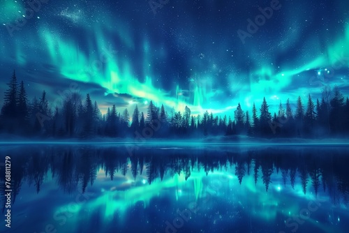 Beautiful northern lights over lake © Zhenrui