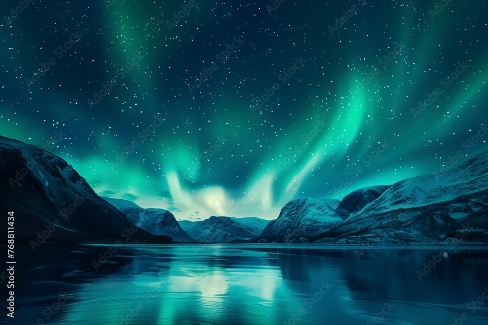 Green aurora borealis at the night sky with stars Green aurora borealis at the night sky with stars