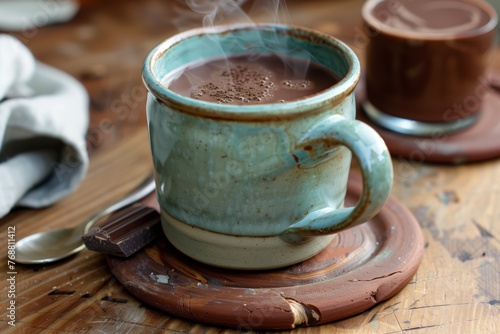 handcrafted pottery coaster with a steaming mug of hot chocolate
