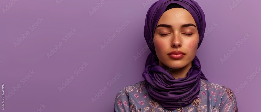 A Muslim woman meditates peacefully, eyes closed, against a calming lavender background. Copy space. A Muslim woman meditates peacefully, eyes closed, against a calming lavender background. Copy space.