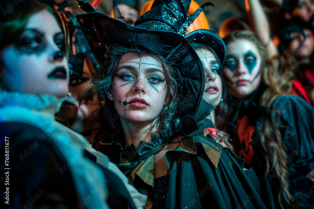 Halloween   celebration. Group of people in costumes and makeup for Halloween party. Selective focus.