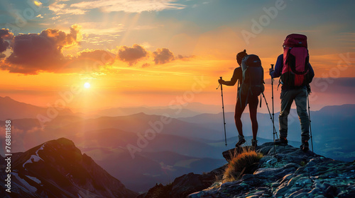 Outdoor hiking, mountain and scenic views with backpacks. Exploring nature, enjoying landscapes and walking adventure on trails. Health, exercise and freedom for active lifestyle. © Peopleimages - AI
