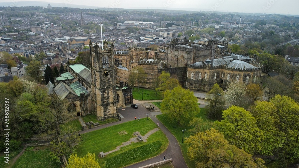 Aerial shot  of the historic Lancaster Castle situated in the United Kingdom