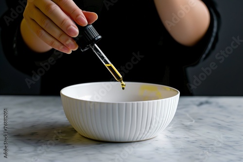 person measuring oil with a dropper over a bowl