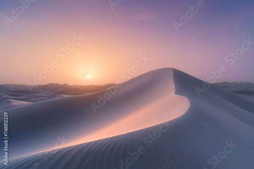 Desert Landscape at Dusk: The Soft Curves of Sand Dunes and the Setting Sun Create a Beauty of Silence