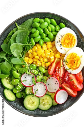 tomato top boiled egg in style of SALAD AVOCADO, chickpea salad, fruits salads