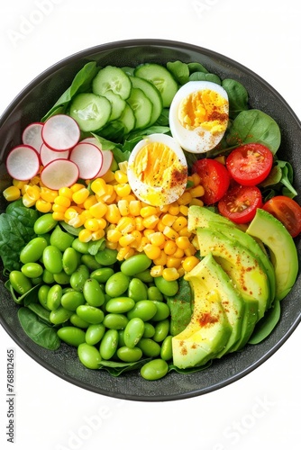 tomato top boiled egg in style of SALAD AVOCADO, chickpea salad, fruits salads
