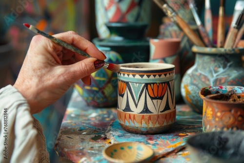 Paint a ceramic mug with a brush. Hobby. modern traditional, handicraft, handicraft paint pot hands close
