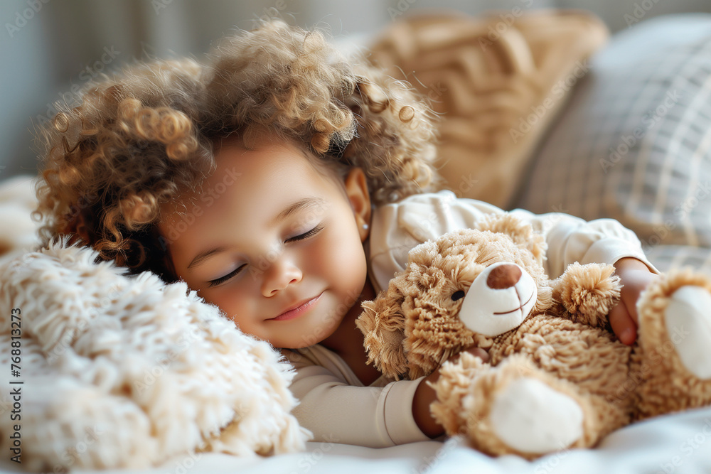 A charming little ethnic girl with currly hair sleeps serenely, gently hugging a soft teddy bear, the concept of sleep and rest, healthy lifestyle and development A charming little ethnic girl with currly hair sleeps serenely, gently hugging a soft teddy bear, the concept of sleep and rest, healthy lifestyle and development