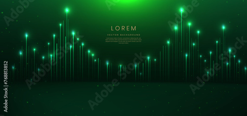 Elegant green stage background with green dot neon line and lighting effect sparkle. Luxury template award design.