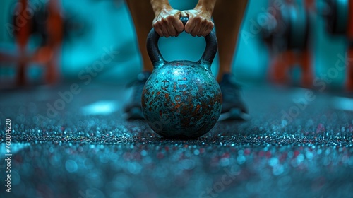 Panoramic banner of a woman weightlifting with a kettlebell in a gym setting. Hands gripping a heavy kettlebell for strength training exercise lifestyle