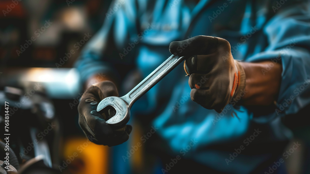 An auto mechanic at a car service center, holding a wrench, with a blurred background - obrazy, fototapety, plakaty 