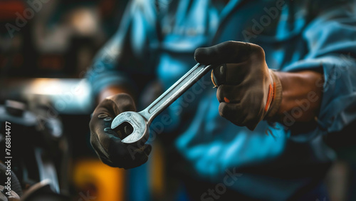 An auto mechanic at a car service center, holding a wrench, with a blurred background photo