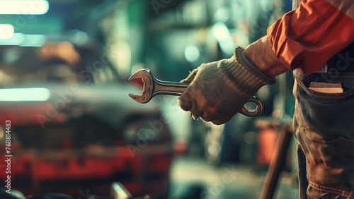 An auto mechanic at a car service center, holding a wrench, with a blurred background