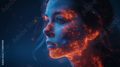 Quantum reality. A face of girl with burning skin. Blue background. Future technology concept. Game virtual reality. Selective focus. Copy space. 