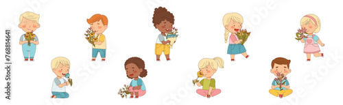 Little Kids with Seasonal Flower Bouquet Vector Set