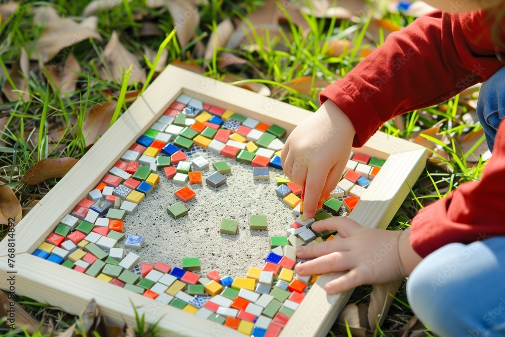 child placing bright tiles on a simple mosaic frame outdoors child placing bright tiles on a simple mosaic frame outdoors