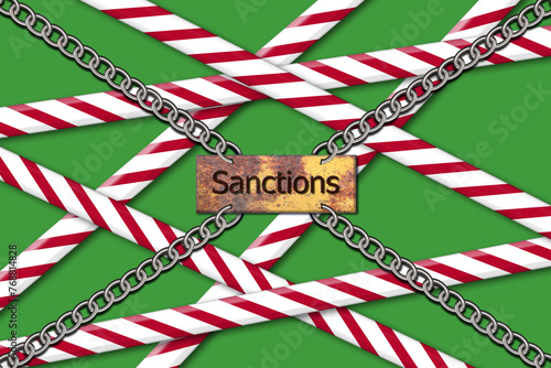 Prohibitory sign in the form of a stop tape and a chain with a sign. The concept of imposing sanctions and prohibitions. Isolated on a green background. Illustrated image.