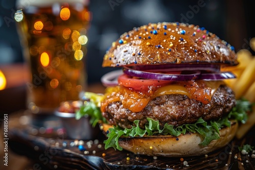 Cosmic burger with sparkling stars, juicy beef patty, and cold beer