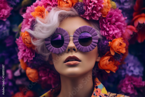 Portrait of a beautiful woman wearing creative design sunglasses with flowers in the background