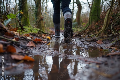 person navigating through puddles on a woodland trail © studioworkstock