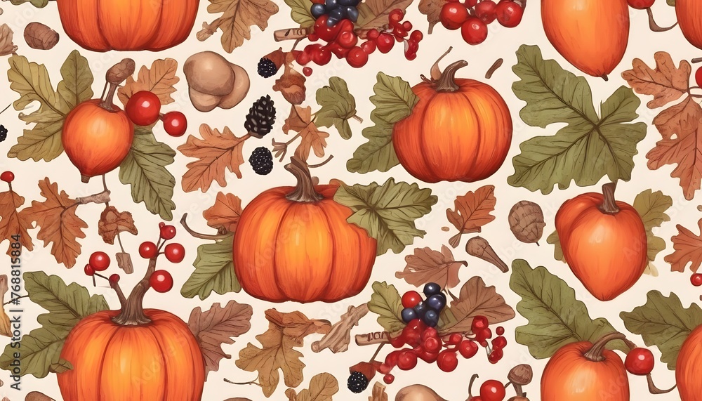 Seamless pattern of bright multicolored Halloween pumpkins, leaves, acorns, apples, umbrellas, mushrooms, and berries. Seamless pattern of bright multicolored Halloween pumpkins, leaves, acorns, apples, umbrellas, mushrooms, and berries.