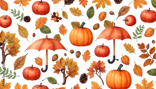 Seamless pattern of bright multicolored Halloween pumpkins, leaves, acorns, apples, umbrellas, mushrooms, and berries.
